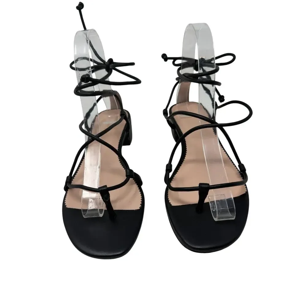 J.Crew Leather Low Heel Lace Up Strappy Ankle Wrap Sandals Black Size 6.5
